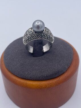 Vintage Sterling Silver 925 Gray Freshwater Pearl Marcasite Ring Art Deco Style